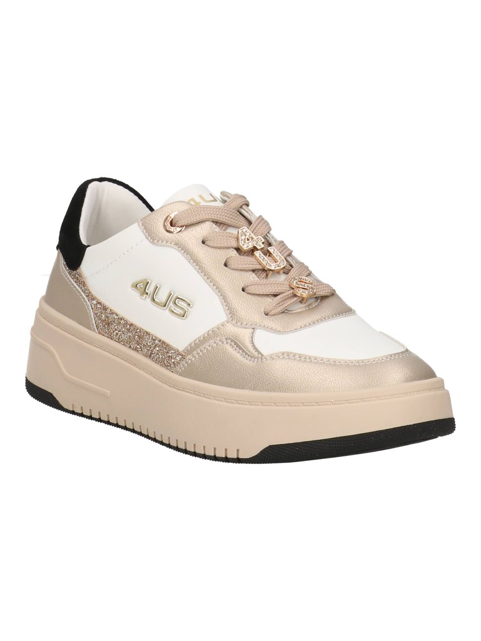 Sneakers 4US Cesare Paciotti Donna, Modello 4BV141, Beige In Ecopelle E Tessuto, Dettagli Oro, Suola Rialzata 5 Cm, Comode E Fashion