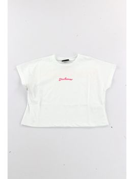 T-shirt Disclaimer 58512 da bambina bianco e fuxia.