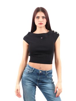 Top Tommy Jeans DW0DW20252 OFF SHOULDER da donna nero.